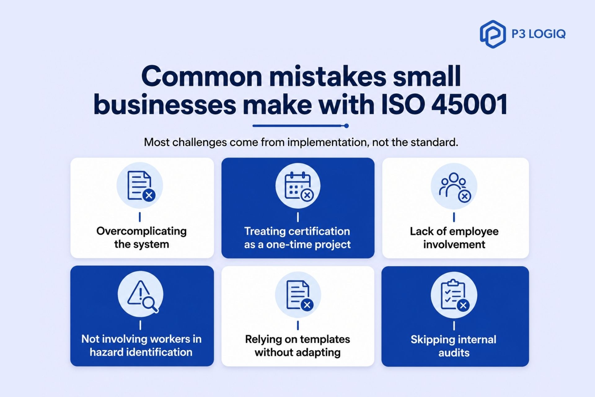 Common mistakes in ISO 45001 for small businesses, ISO 45001 checklist for small businesses, certification scheme, and benefits explained visually.