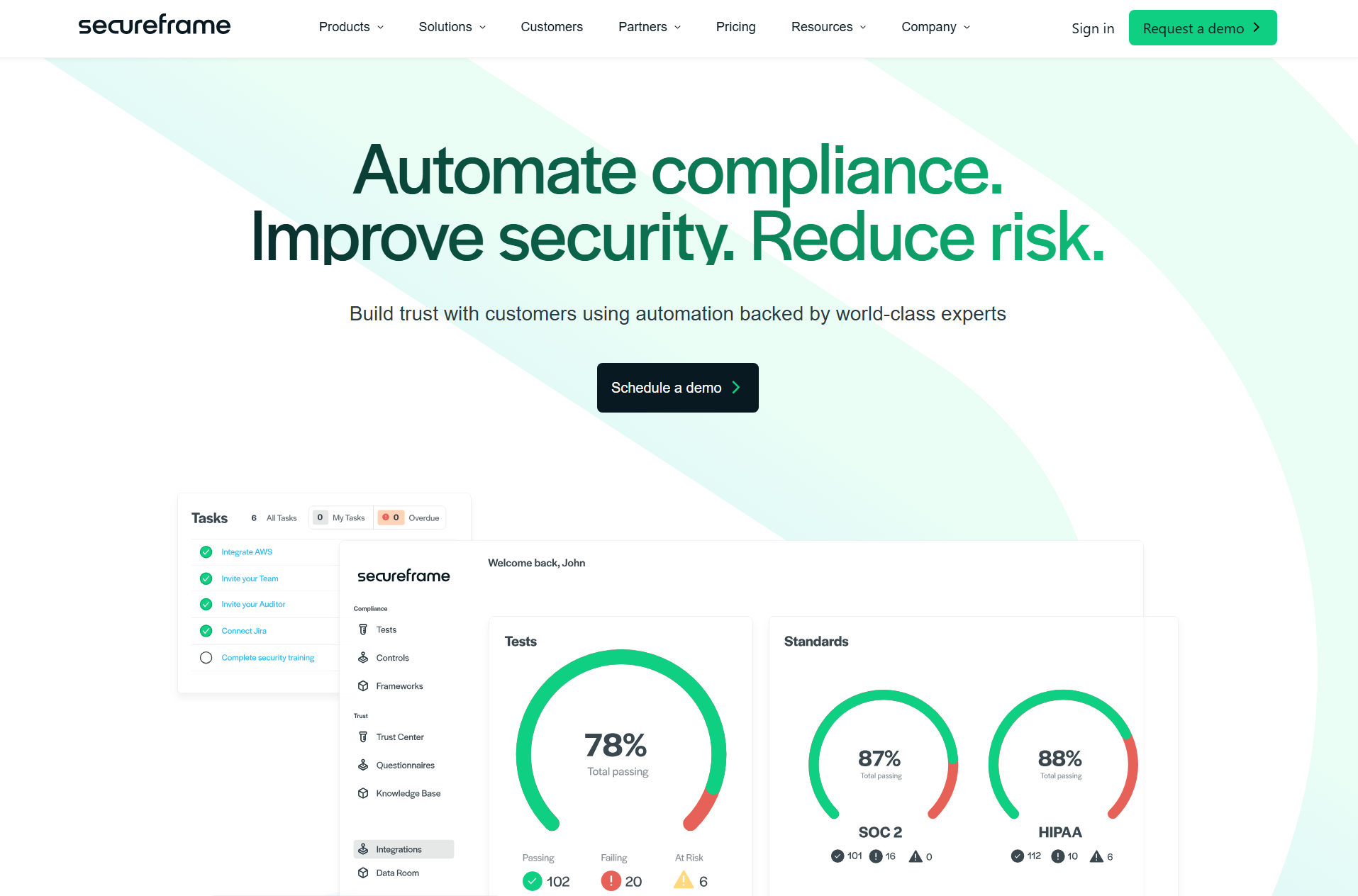 Secureframe compliance automation, a Vanta alternative, for certification readiness, security controls, automated workflows, and continuous monitoring.