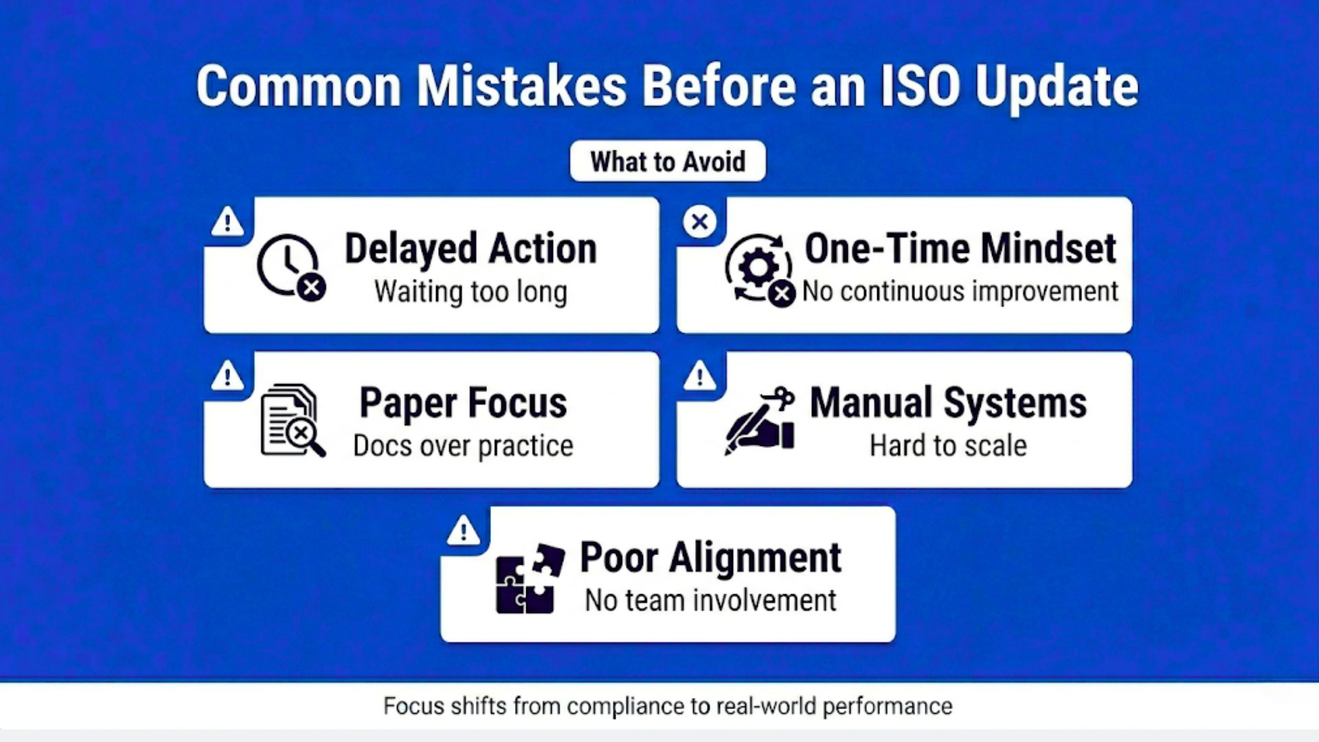 Common mistakes businesses make before an ISO update, including delayed action, poor implementation, and lack of system integration.