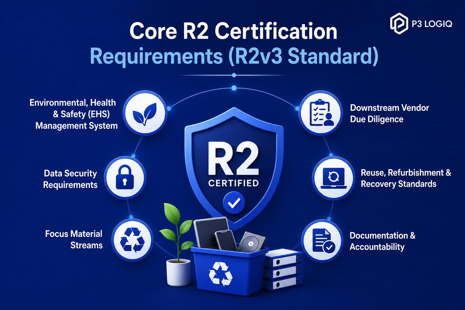 The R2v3 standard outlines key requirements for electronics recyclers, including environmental management, worker health and safety, downstream due diligence, and legal compliance.