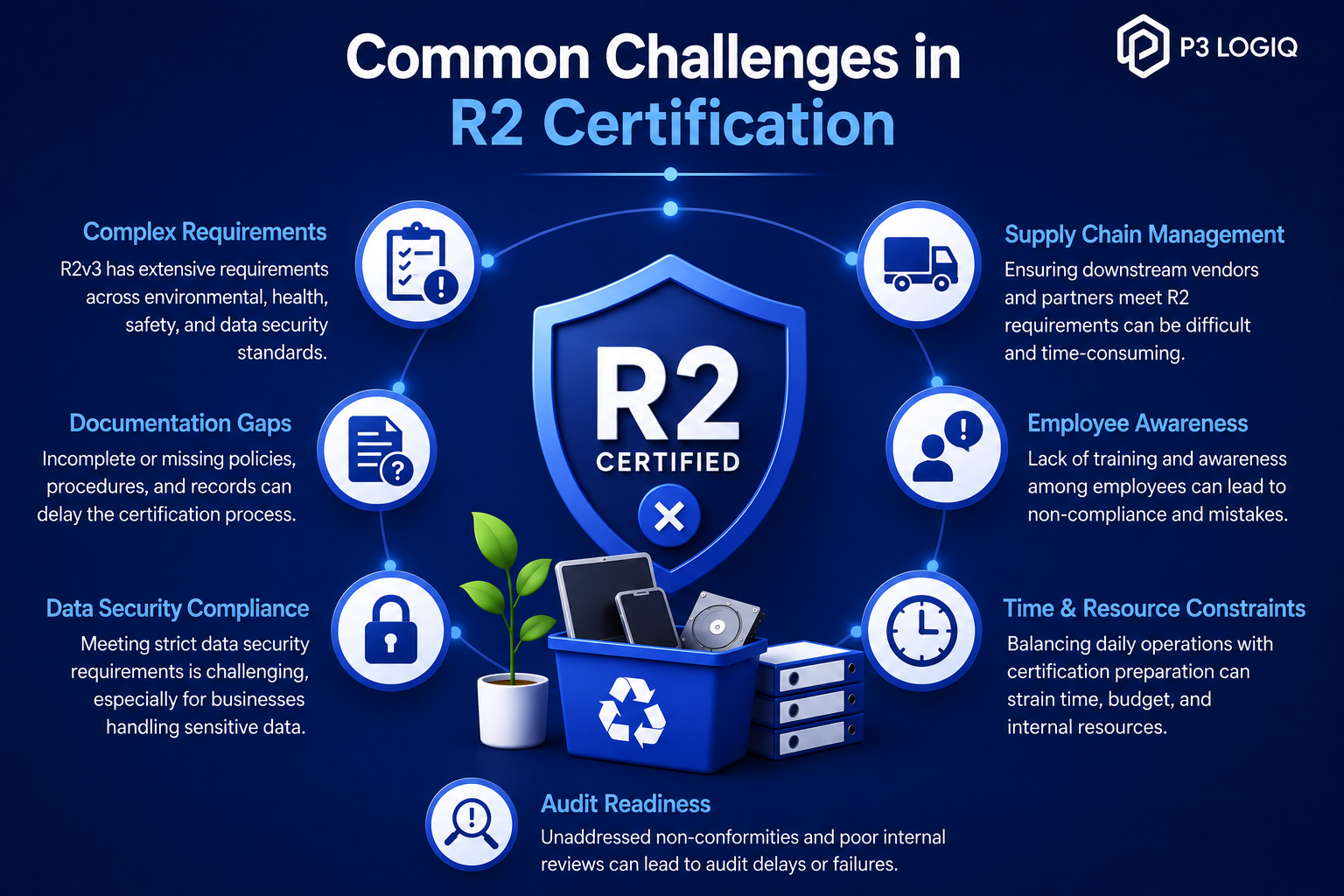 Businesses pursuing R2 certification often face challenges related to documentation, compliance, staff training, and preparing for third-party audits.