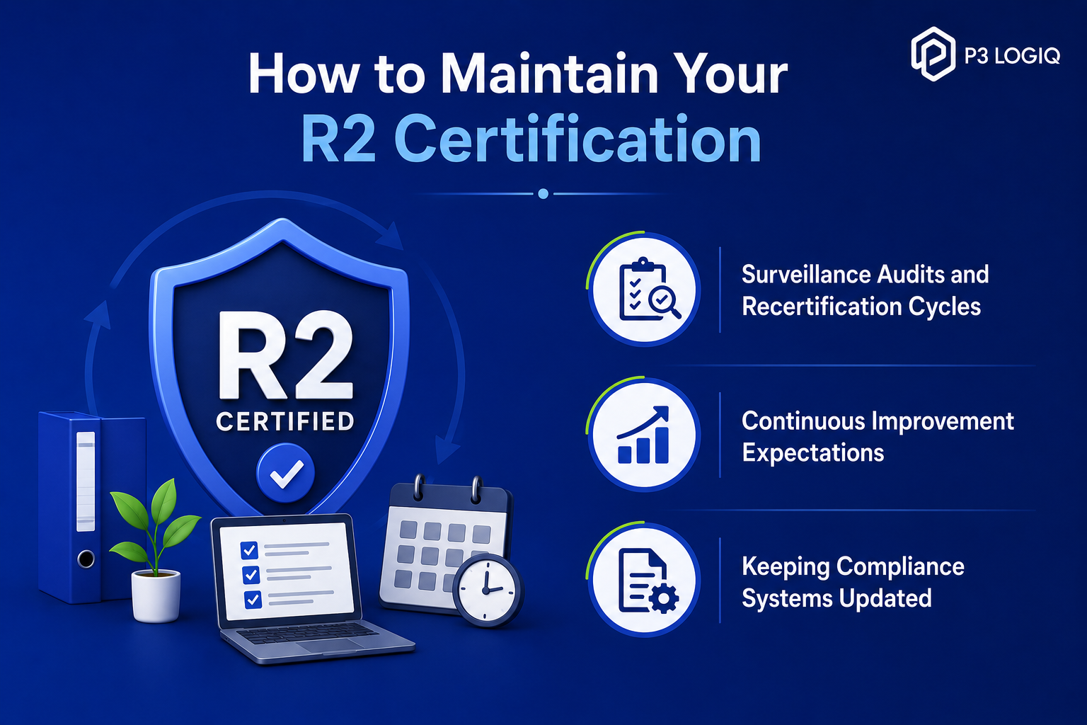 Maintaining R2 certification requires ongoing compliance with R2v3 requirements, regular internal audits, employee training, documented process improvements, and successful surveillance and recertification audits.