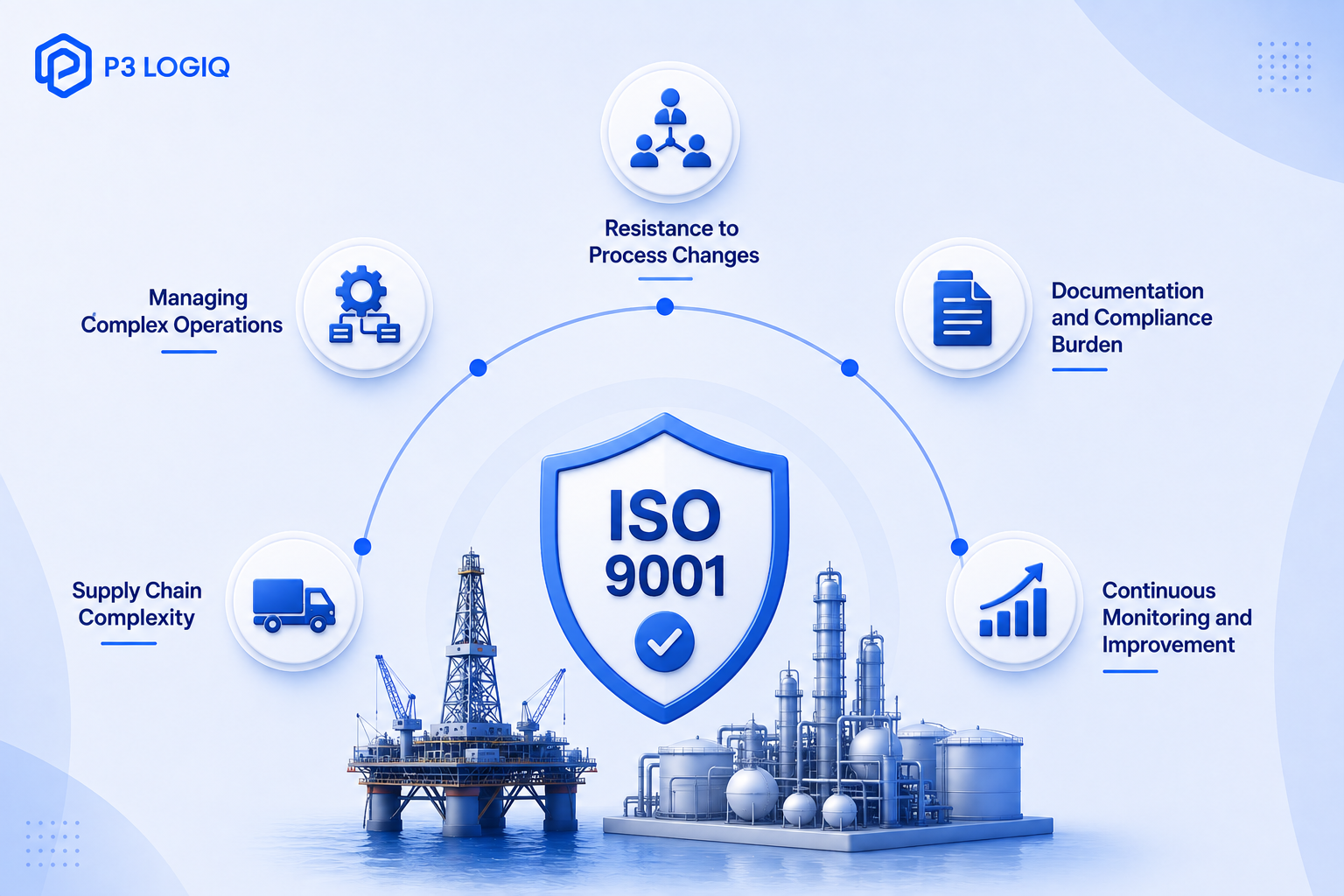 Implementation challenges of ISO 9001 in the oil and gas industry, including managing complex operations, process changes, documentation, supply chain complexity, and continuous improvement.