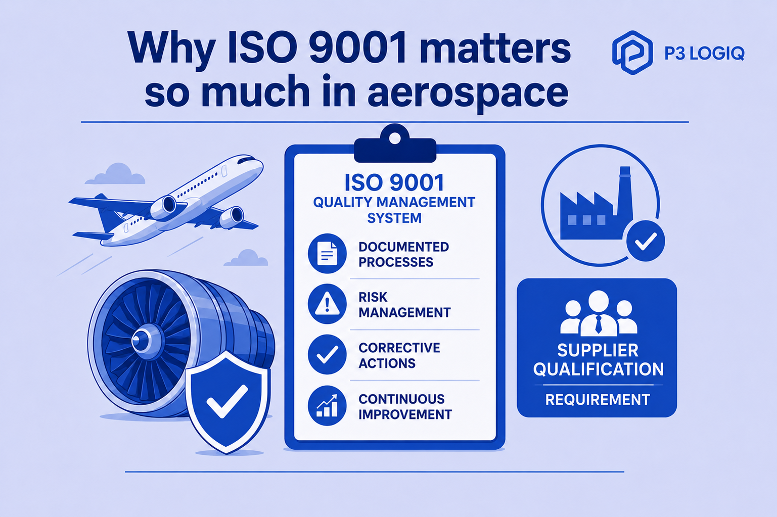 Illustration of ISO 9001 for aerospace showing a quality management system, risk management, supplier qualification, and aerospace components.