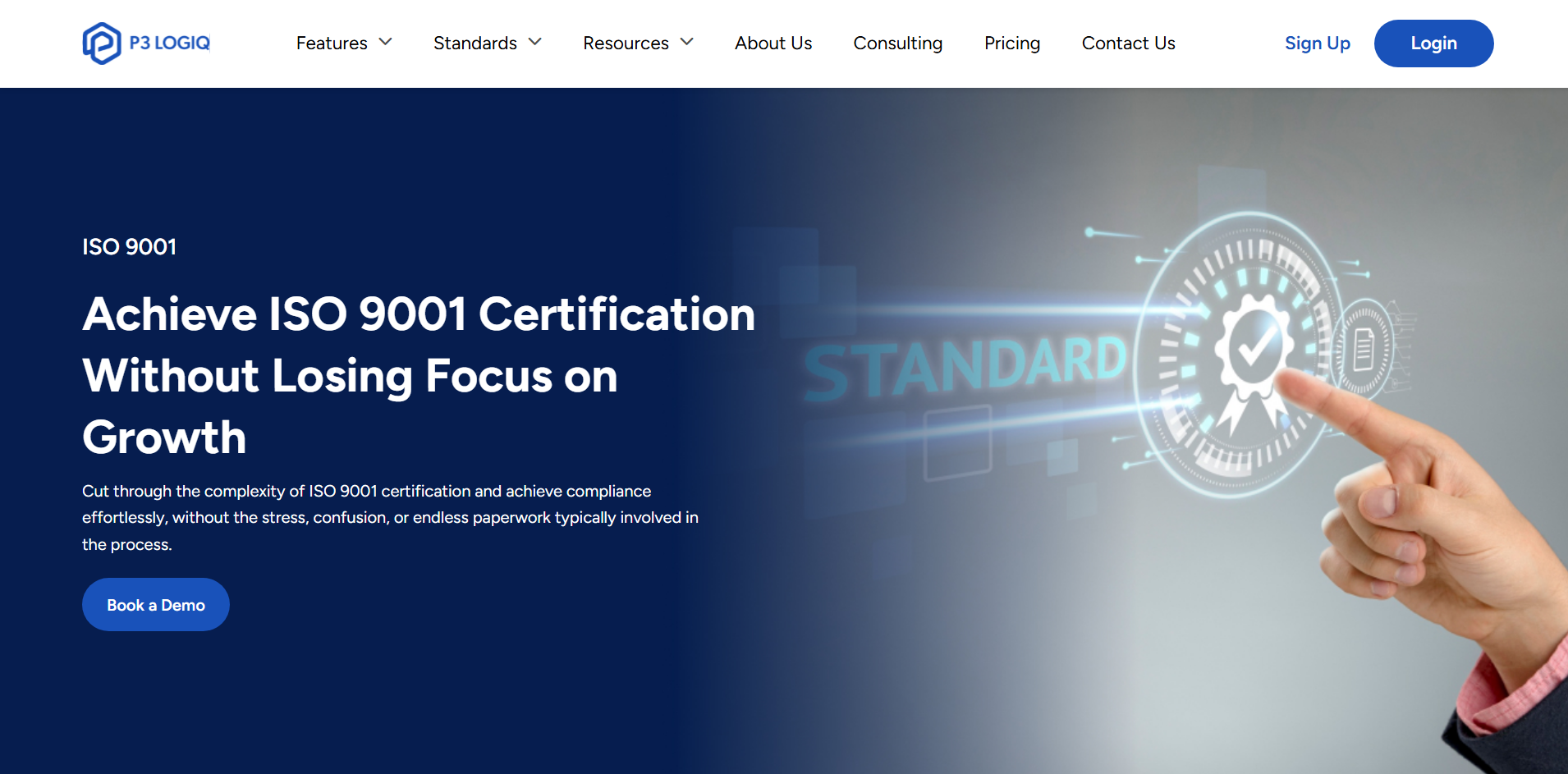 Illustration of P3 LogiQ supporting ISO 9001 aerospace compliance with quality management, document control, audits, CAPA, and traceability.