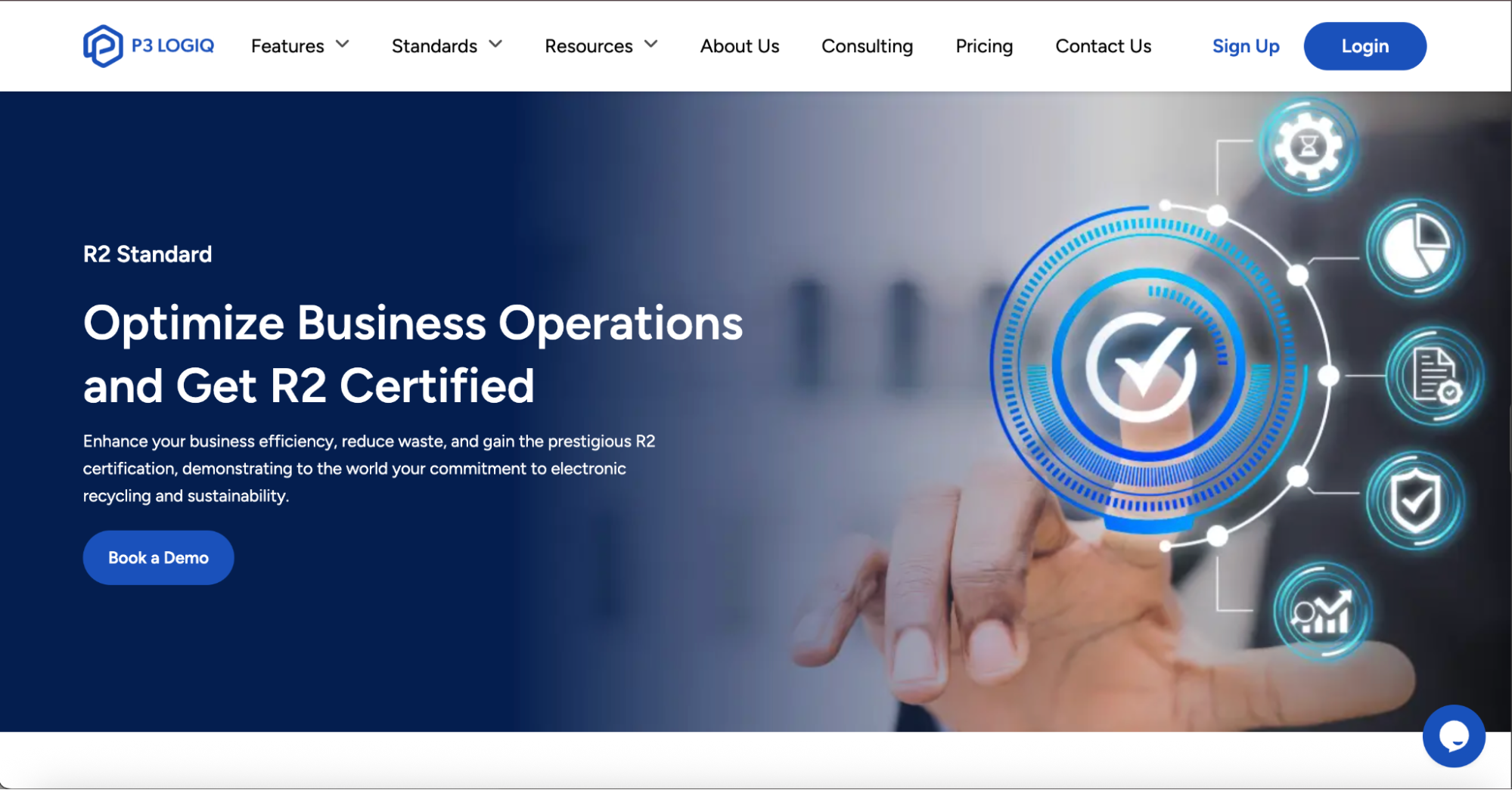 P3 LogiQ homepage showing R2 certification management software.