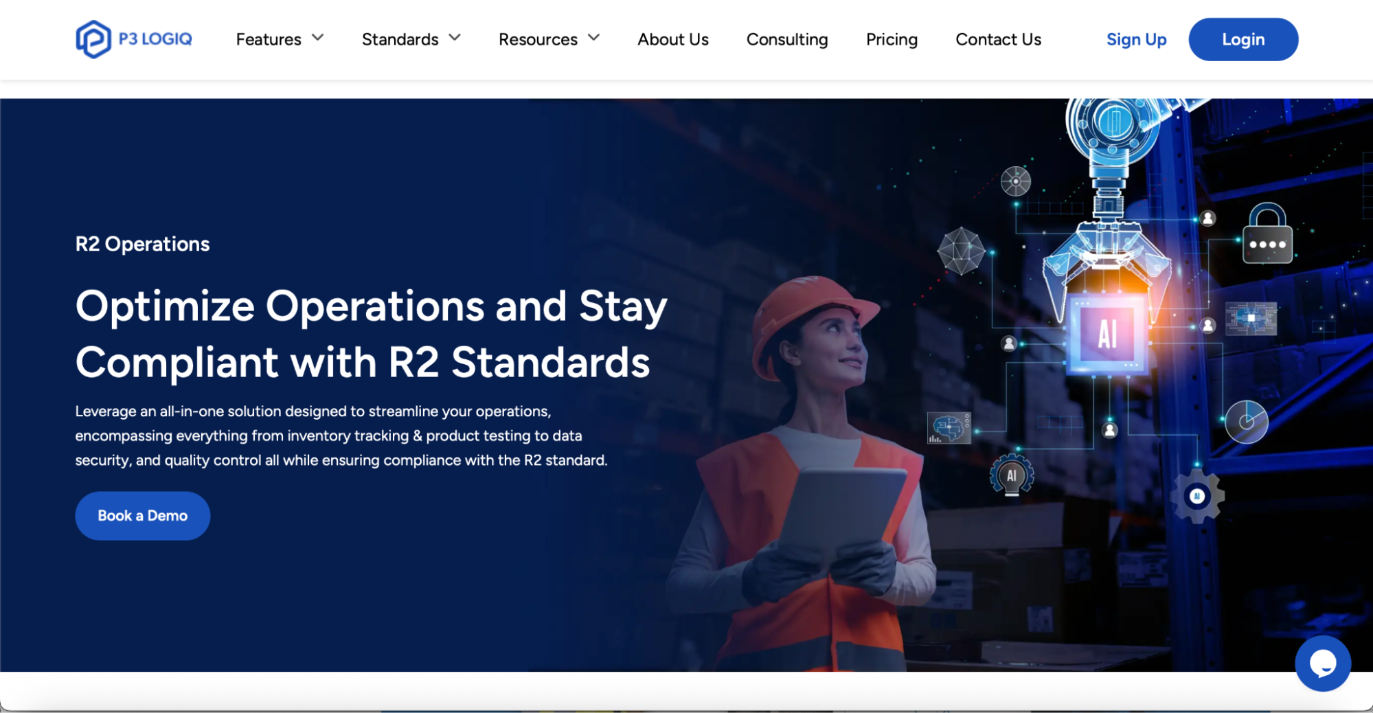 P3 LogiQ R2 Operations page showing tools to optimize operations and stay compliant with R2 standards.