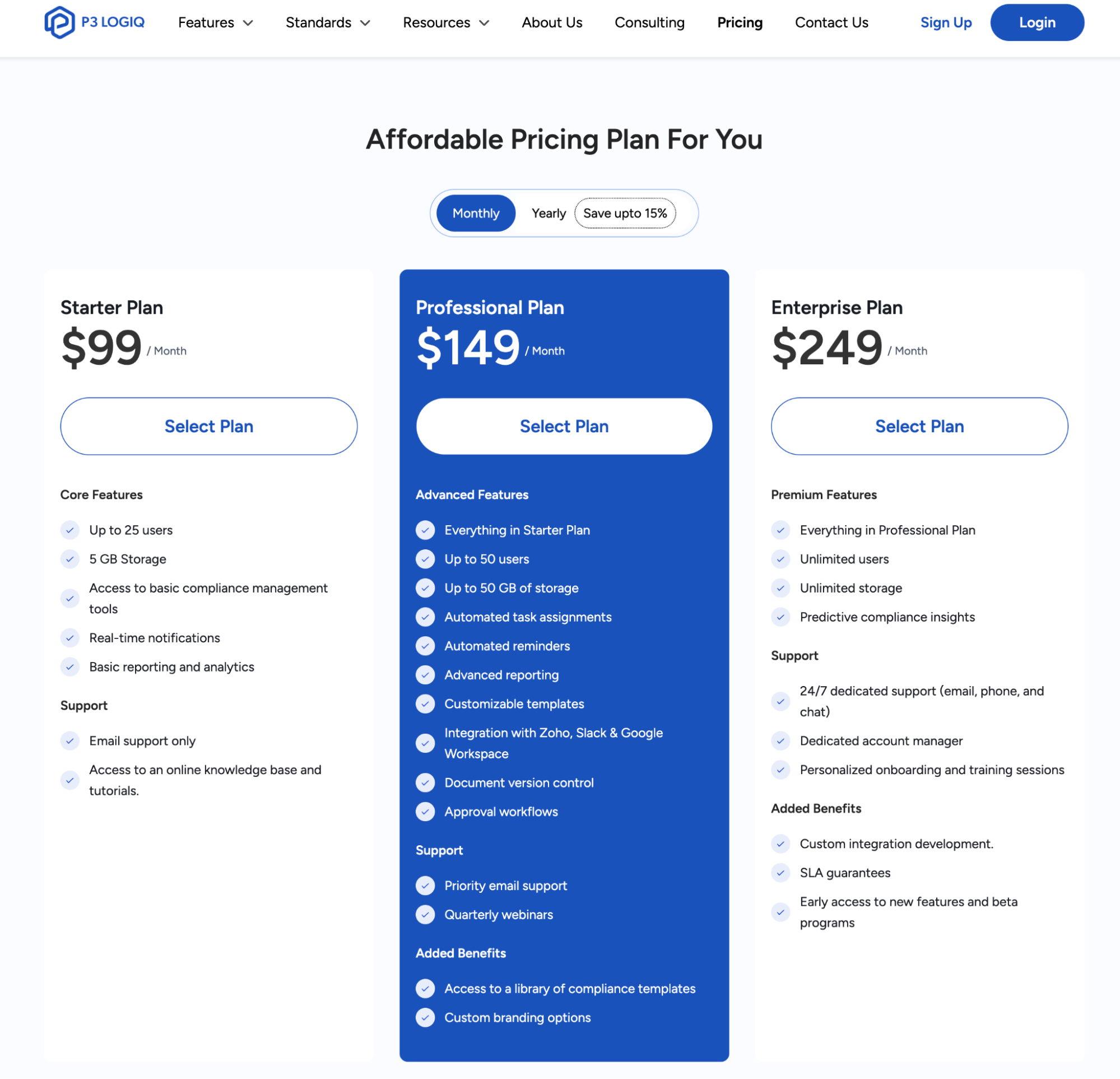P3 LogiQ pricing page showing Starter, Professional, and Enterprise plan tiers.