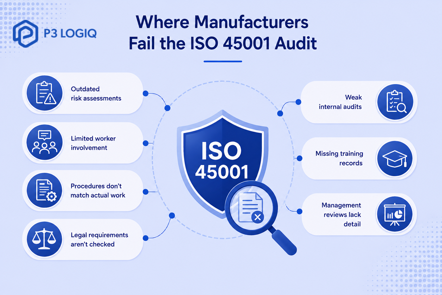 Common reasons manufacturers fail an ISO 45001 audit and occupational health and safety requirements.