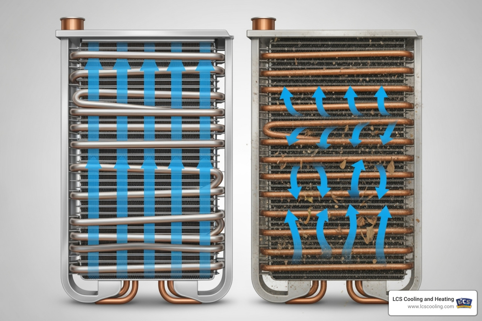 diagram comparing clean vs. dirty heat pump coils and their effect on airflow - heat pump annual service