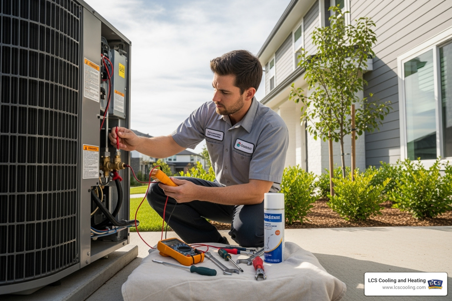 certified technician servicing the outdoor unit of a heat pump - heat pump annual service