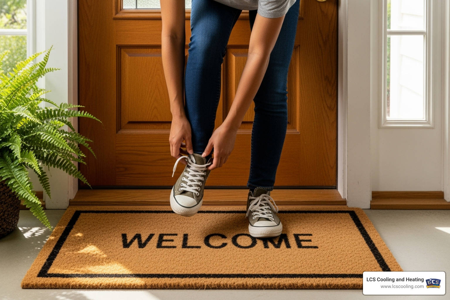 A person taking off their shoes on a doormat at the front door - Clean home air
