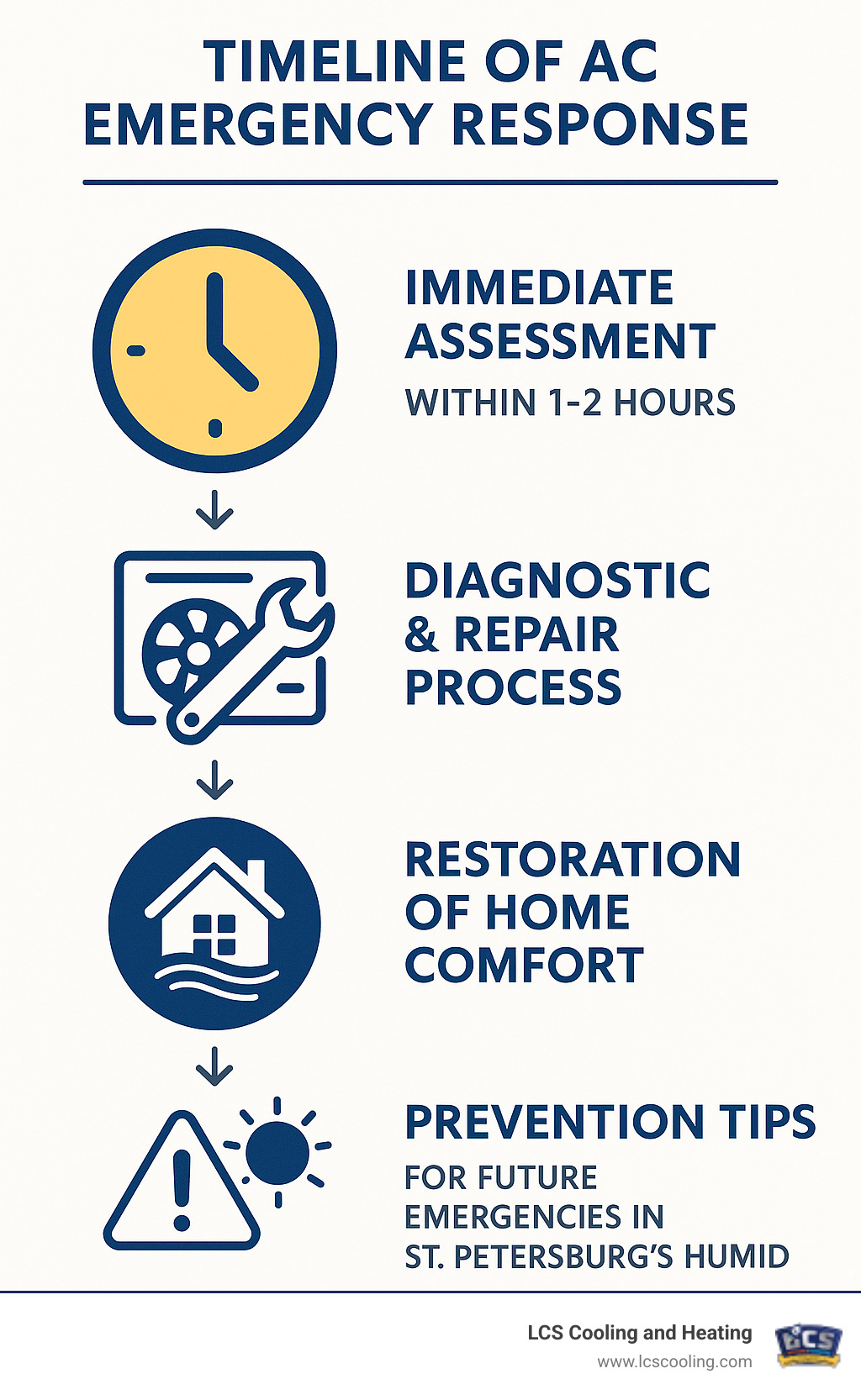 Infographic showing the timeline of AC emergency response: immediate assessment within 1-2 hours, diagnostic and repair process, restoration of home comfort, and prevention tips for future emergencies in St. Petersburg's humid climate - 24 hour ac repair services in st. petersburg infographic 