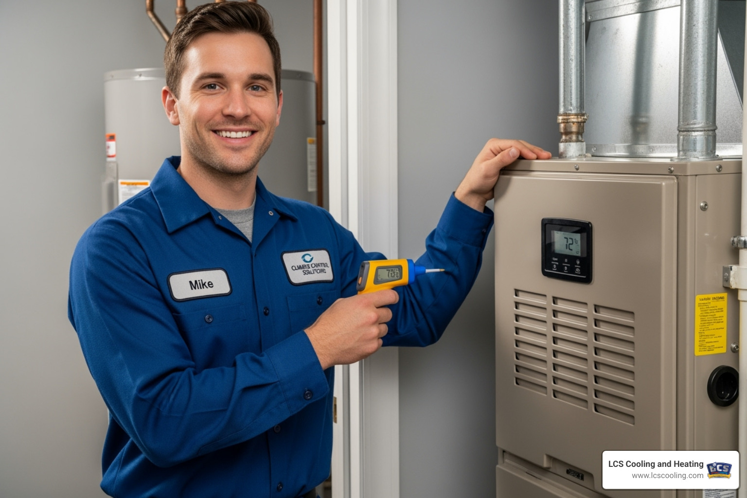 friendly technician smiling next to an HVAC unit - clean furnace coils