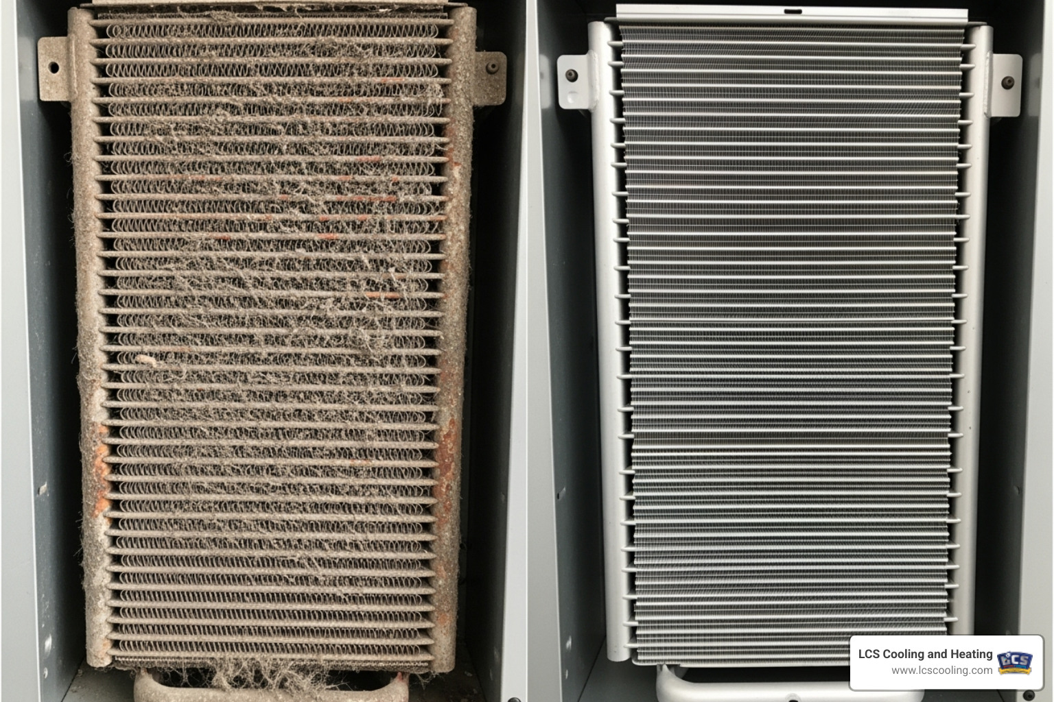 A side-by-side comparison of a severely dirty, clogged furnace coil with visible dust and debris buildup contrasted with a sparkling clean, shiny coil - clean furnace coils