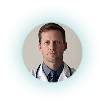 Portrait of a male doctor wearing a white coat and tie with a stethoscope around his neck.