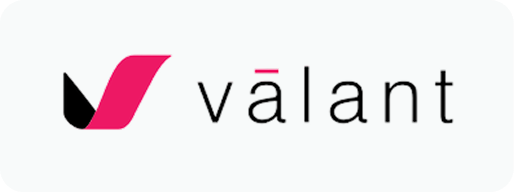 Valant company logo with stylized V icon in black and pink.