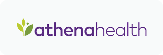 Athenahealth logo with green leaf design and purple text.