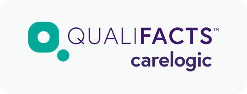 Qualifacts Carelogic logo with green circular design and purple text.