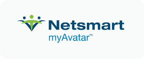Netsmart myAvatar logo with abstract figures in green and blue.