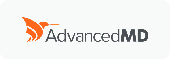 AdvancedMD logo with orange stylized hummingbird icon.