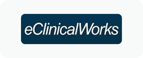 eClinicalWorks logo with white text on a dark blue rounded rectangle background.