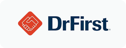 DrFirst company logo with red handshake icon and navy blue text.
