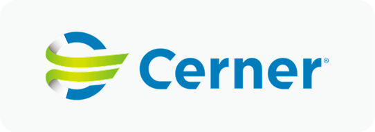Cerner company logo in blue with a stylized circular emblem featuring green and white swooshes.