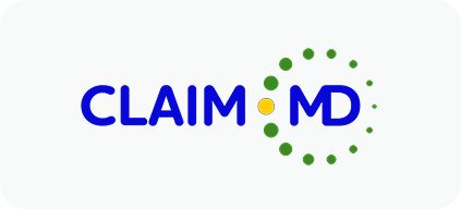 ClaimMD logo with blue text and a circular pattern of green dots surrounding a yellow dot between the letters M and D.