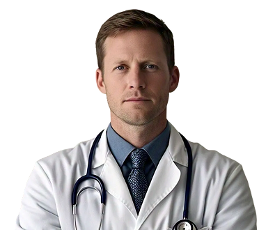 Confident male doctor wearing a white coat and stethoscope around his neck.