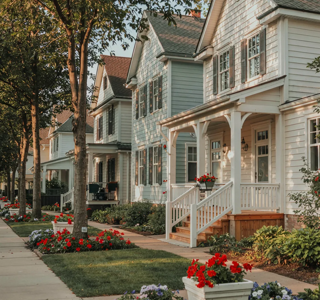 A tree-lined street of Victorian houses with porches and flower beds