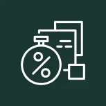 Icon of a stopwatch with a percentage symbol next to documents and a square, representing time-based calculations or discounts.