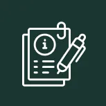 Icon of a document with an information symbol and lines representing text, accompanied by a pen.