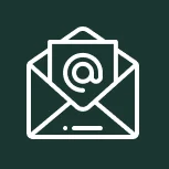 White line icon of an open envelope with a letter showing an at symbol.