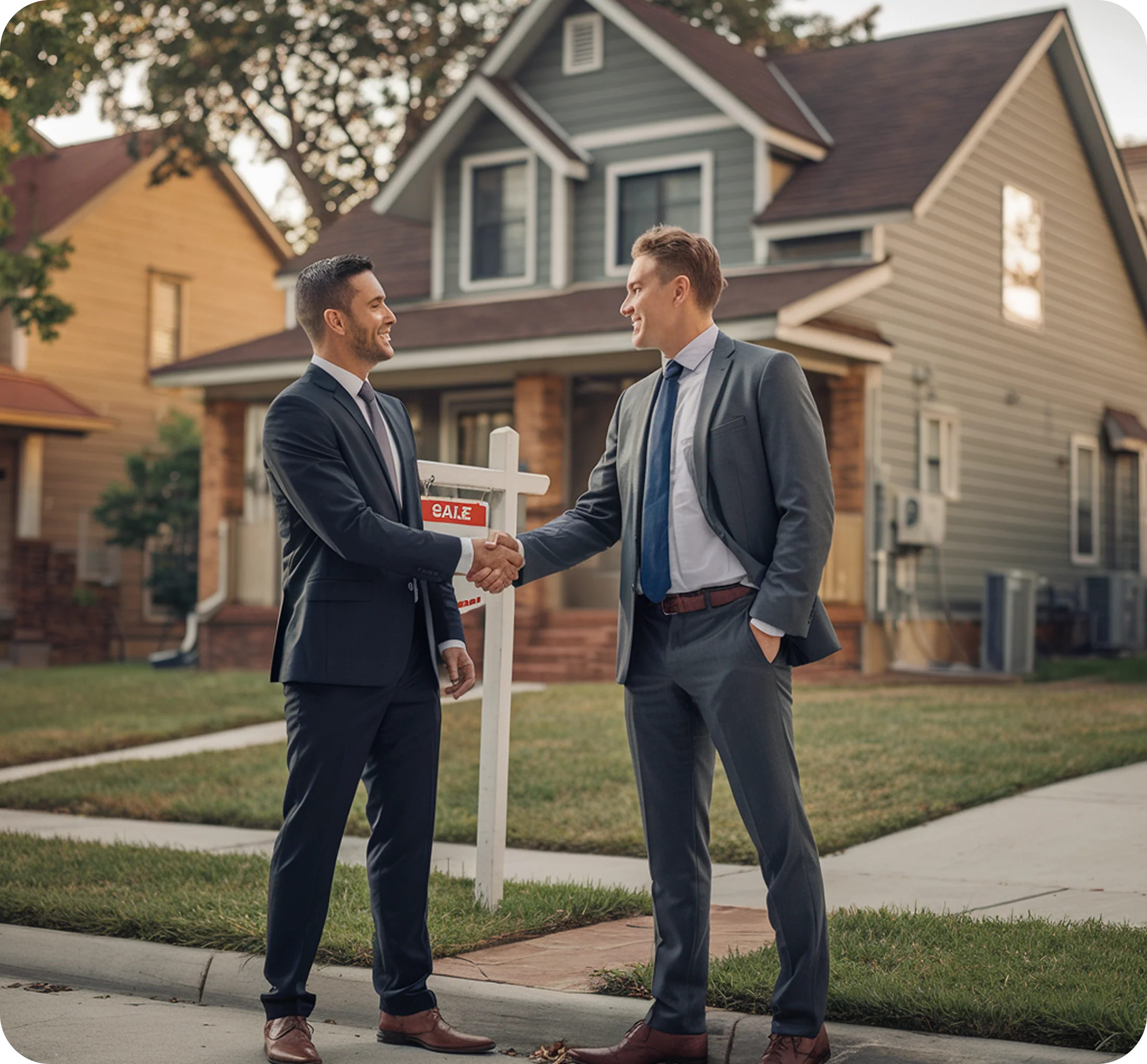 Two men in suits shaking hands on the front lawn of a house