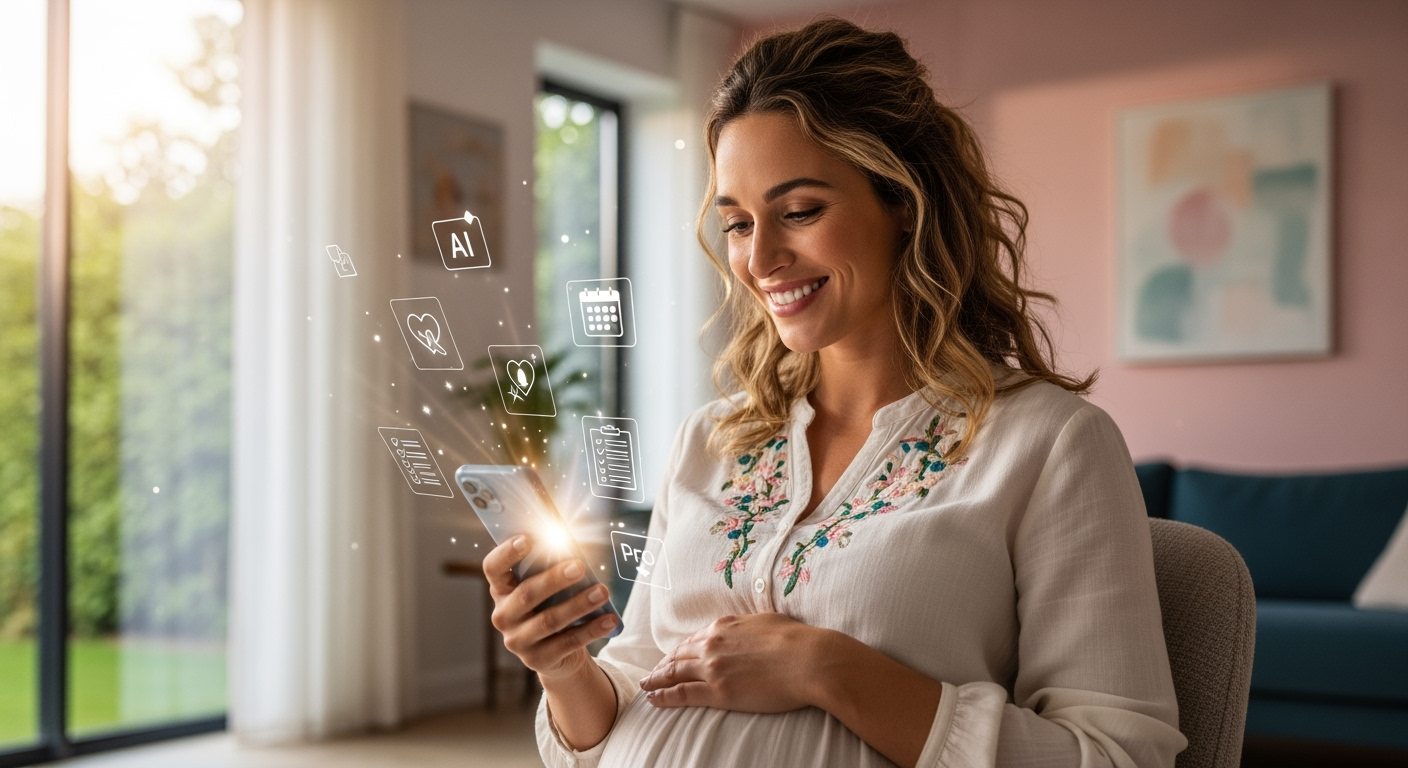Pregnant woman in a home office using an AI-powered parenting app on her smartphone with a smart assistant speaker on the desk, symbolizing modern motherhood and technology in 2025.
