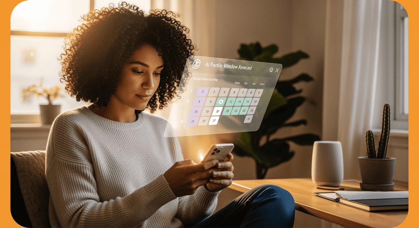 A woman in her early 30s sits at her desk, looking at her smartphone as a glowing AI-powered fertility forecast floats above the screen. She is in her preconception phase, surrounded by a journal, water glass, and smart speaker in a softly lit home office.