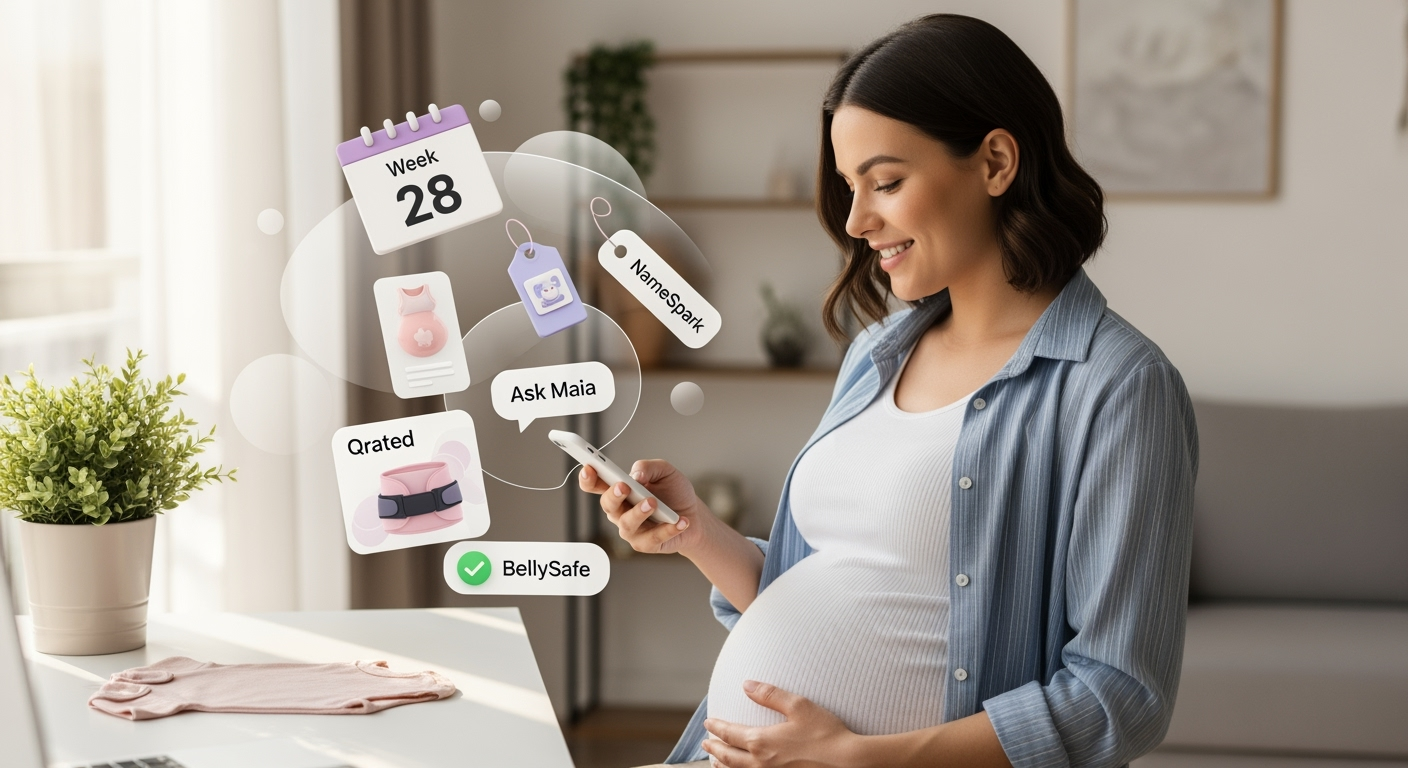 A confident pregnant woman using the ProMom app at her home workspace, with abstract digital overlays representing smart pregnancy tools like NameSpark, Ask Maia, BellySafe, Qrated, and a week-by-week calendar.