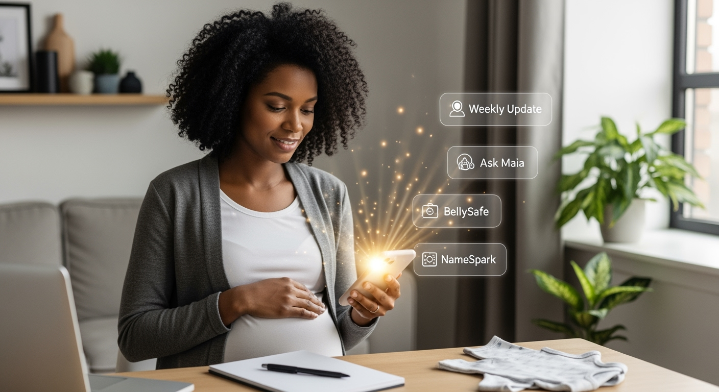 A confident pregnant woman using the ProMom app at her home desk, with glowing icons for Weekly Update, Ask Maia, BellySafe, and NameSpark features emerging from her phone.