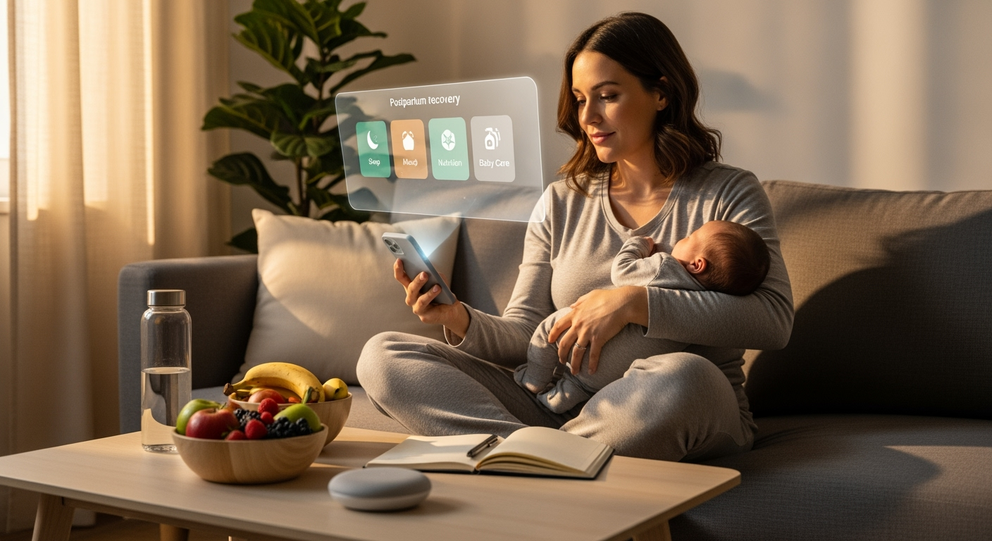 New mom holding her newborn on a sofa while viewing a smartphone; a floating overlay shows an AI-powered postpartum recovery dashboard for sleep, mood, nutrition, hydration, and baby care.