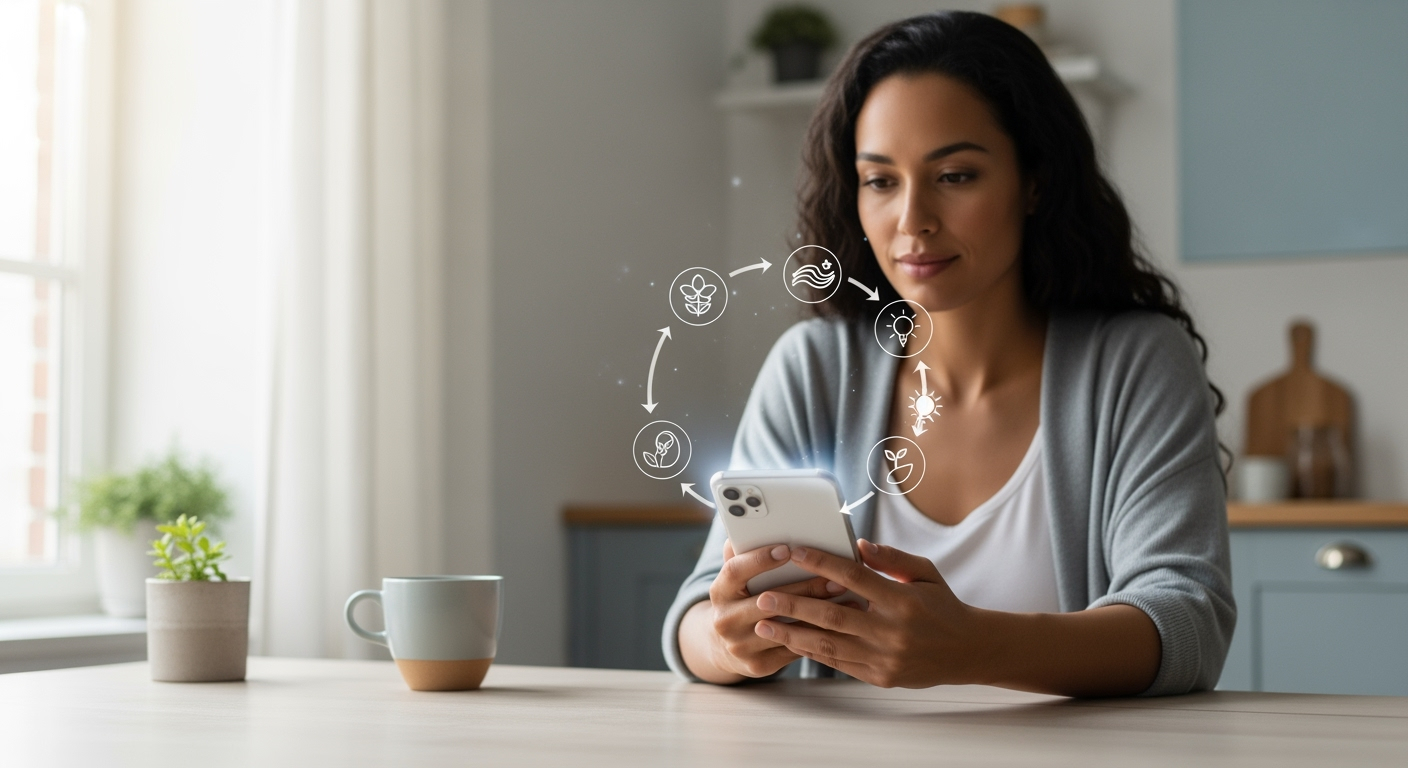 A modern woman using a fertility app on her smartphone with a gentle digital overlay symbolizing AI support and wellness.