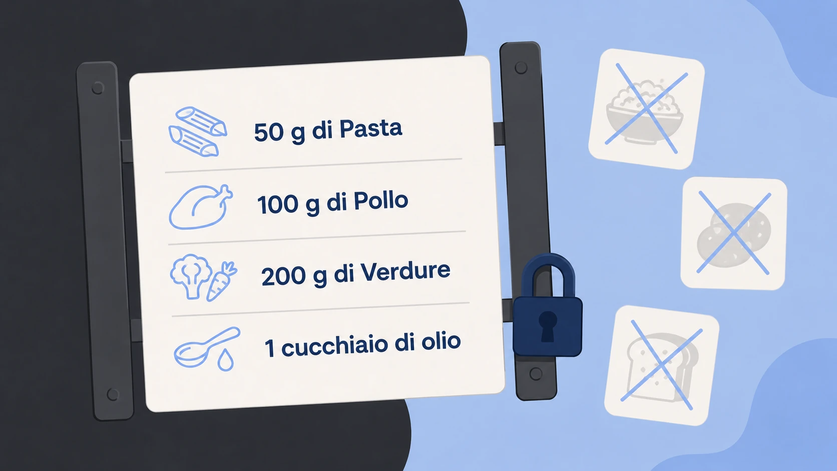Un piano chiuso a lucchetto — pasta, pollo, verdure e olio — con tutte le alternative barrate