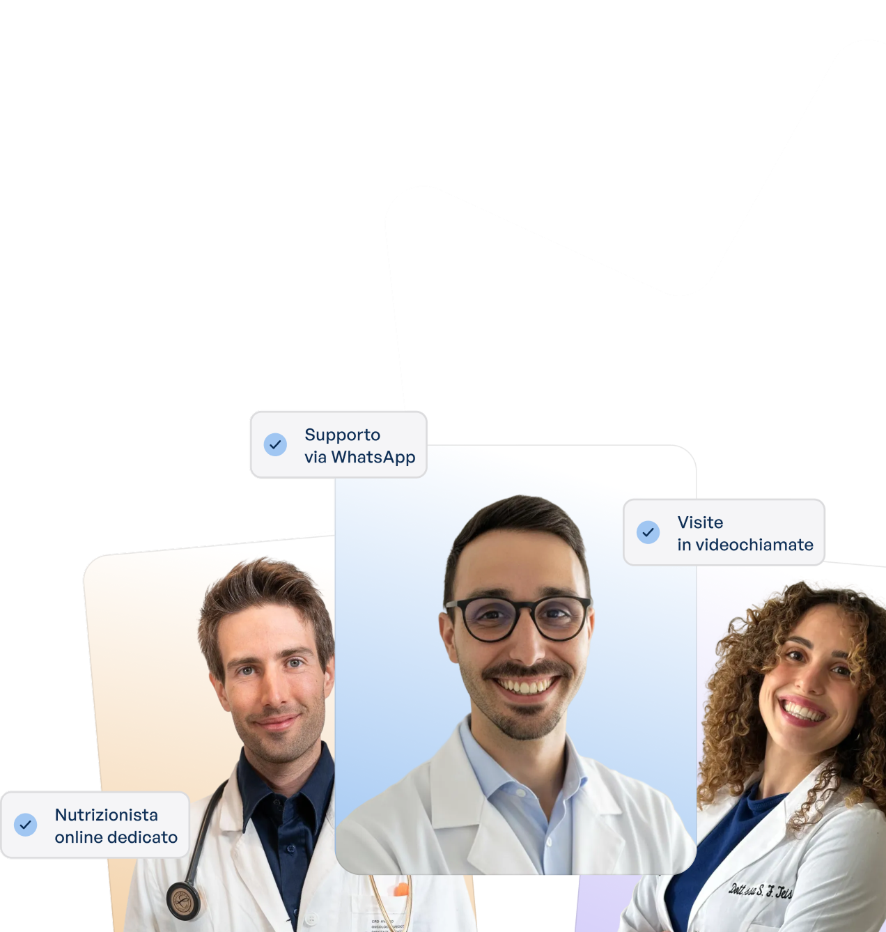 Tre professionisti Theia con le etichette: nutrizionista online dedicato, supporto via WhatsApp, visite in videochiamata