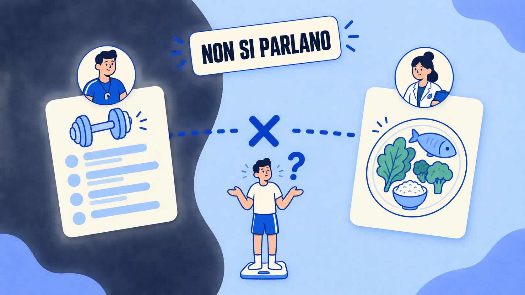 Una scheda di allenamento con l’avatar di un trainer e un piatto con l’avatar di una nutrizionista, separati da una linea tratteggiata interrotta da una X; al centro una persona perplessa sulla bilancia