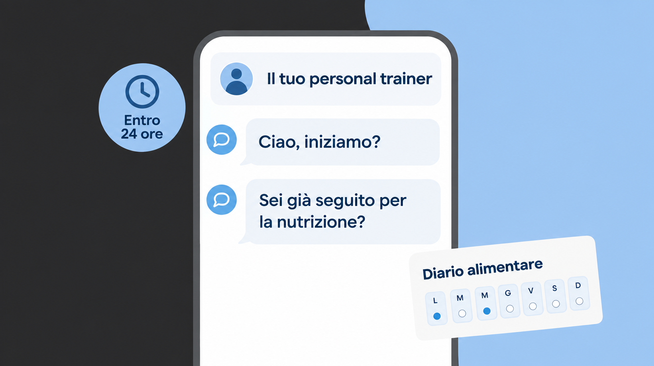 Il personal trainer si presenta in chat entro 24 ore e chiede se sei già seguito per la nutrizione.