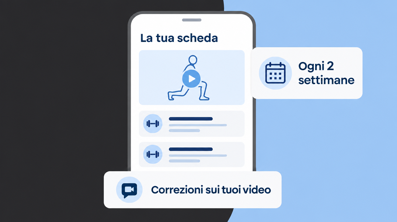 Scheda di allenamento sull’app, controlli ogni due settimane e correzioni sui video degli esercizi.