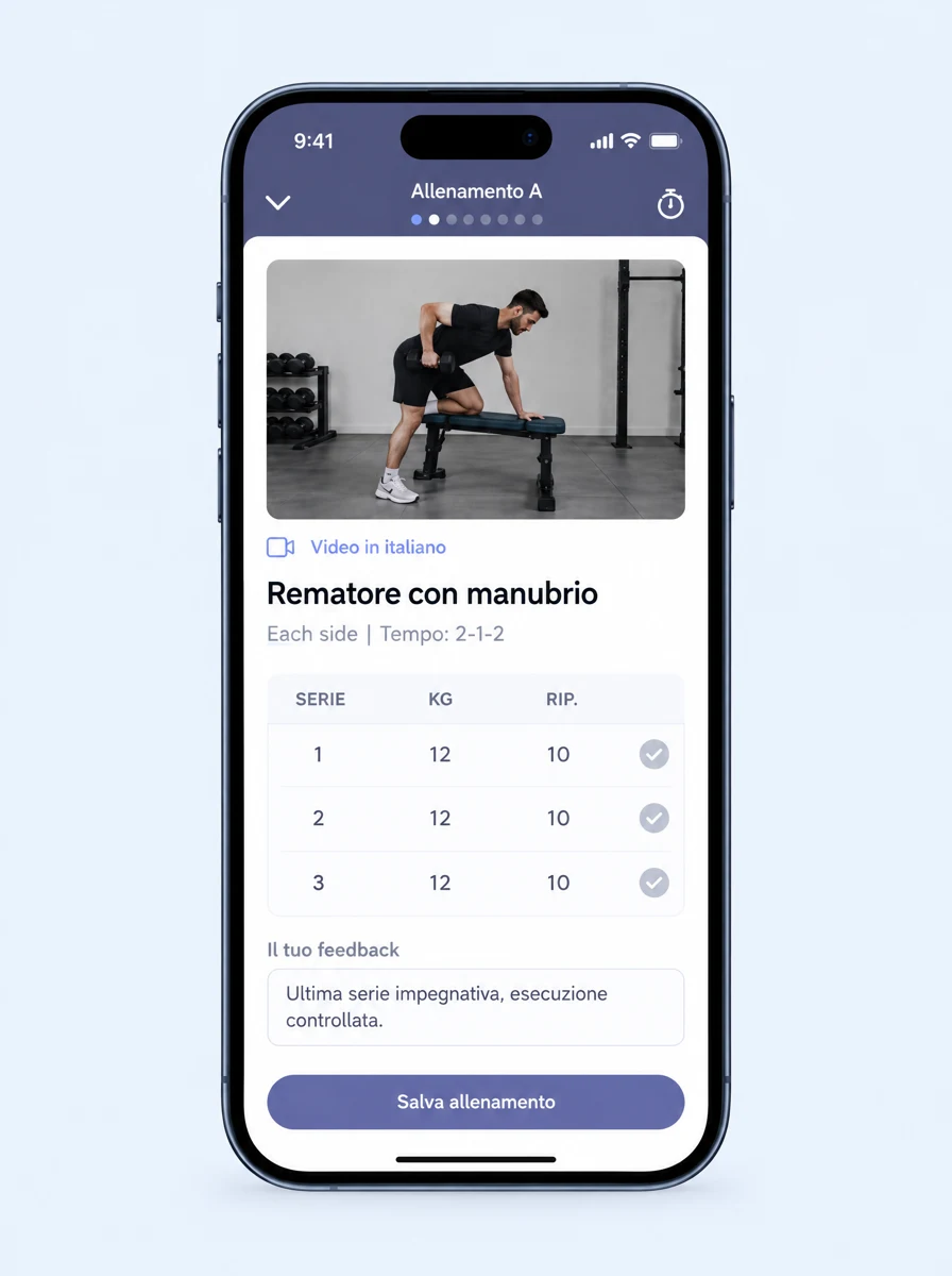 Anteprima illustrativa: registrazione di serie, peso, ripetizioni e feedback.