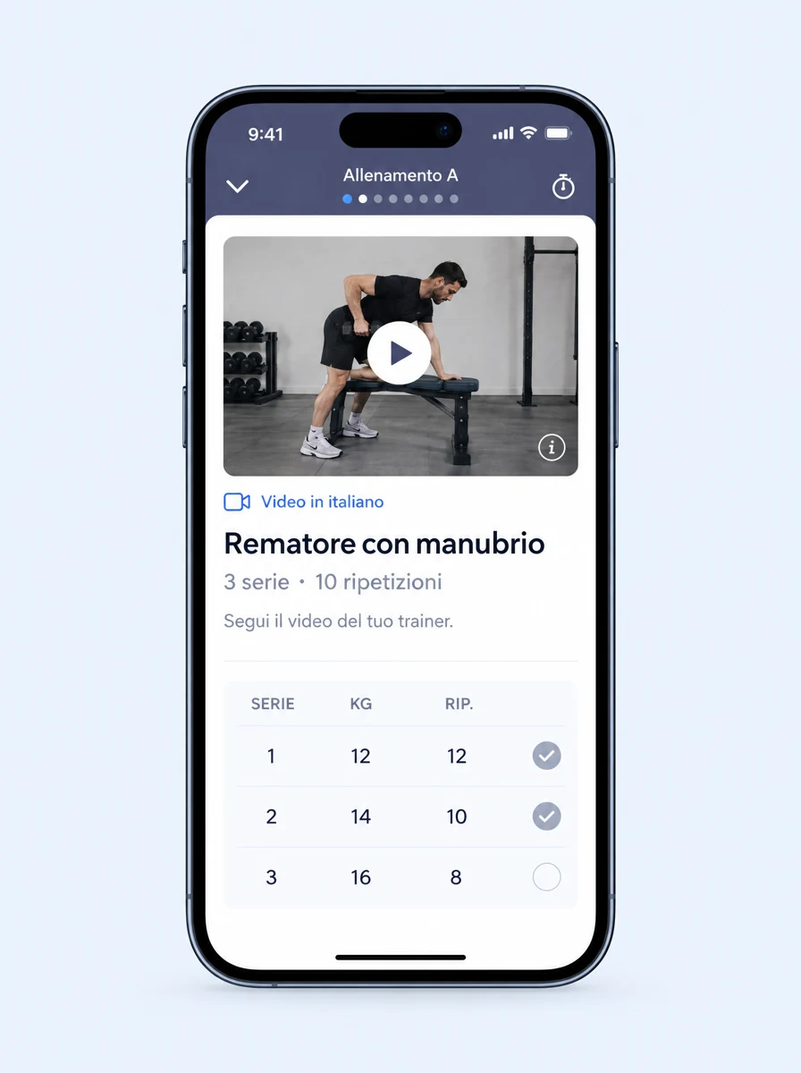 Anteprima illustrativa: video e indicazioni per un esercizio nella scheda Everfit.
