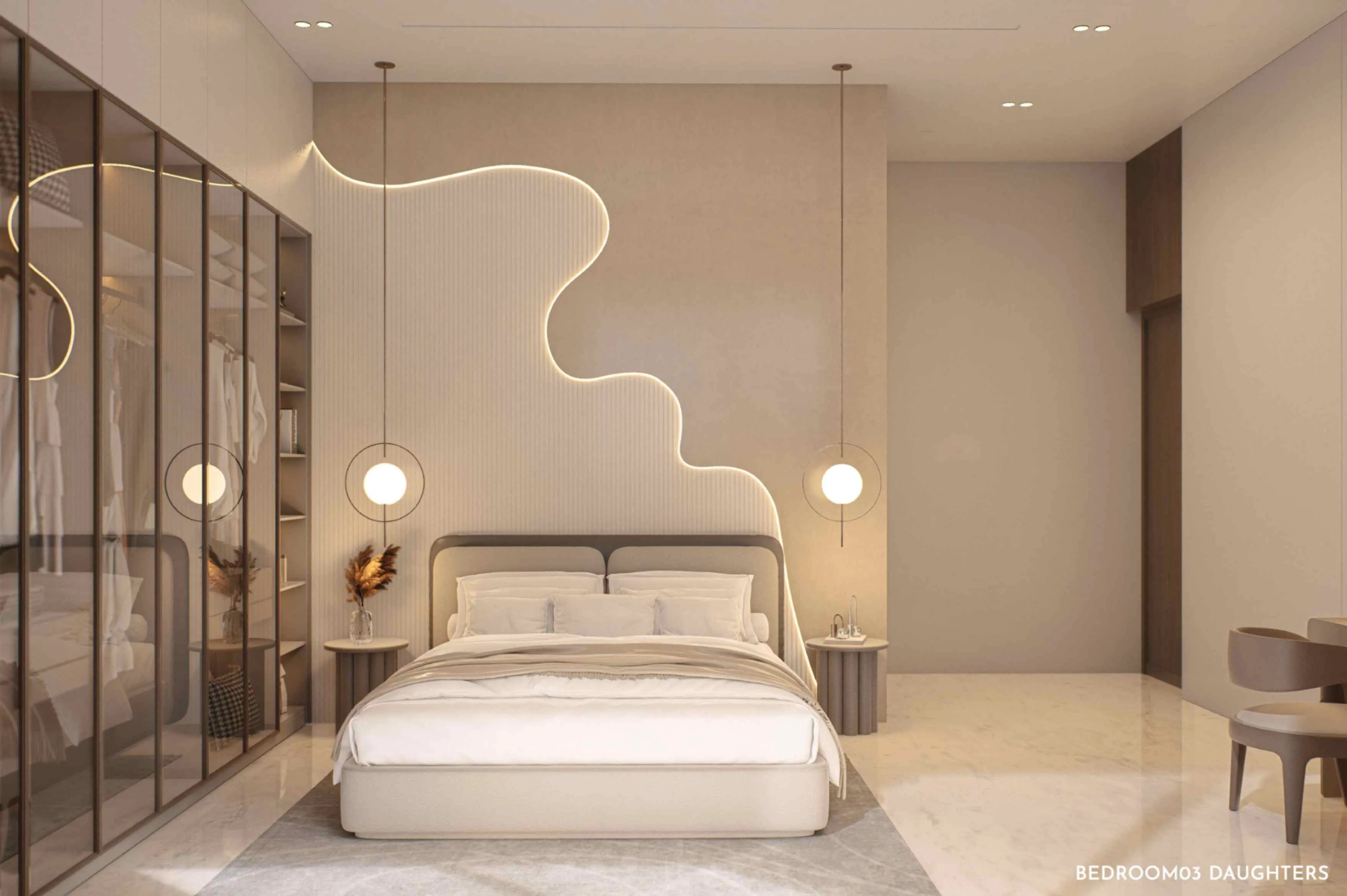 A modern bedroom featuring a neatly made bed and a stylish mirror reflecting the room's contemporary design.
