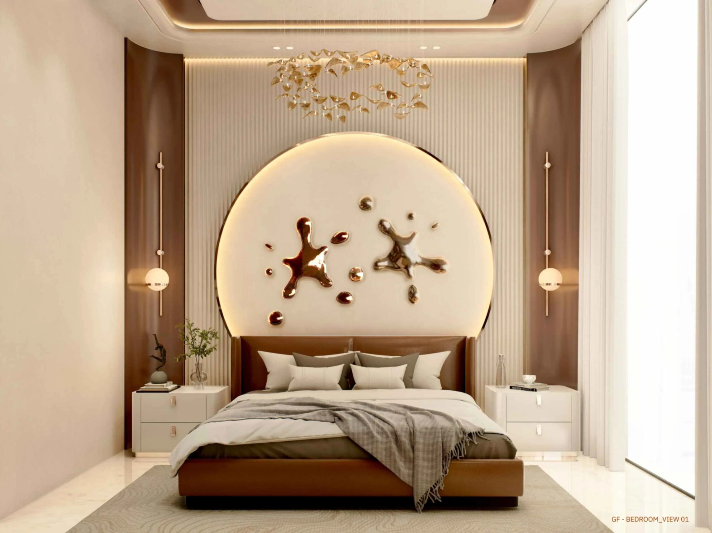 A modern bedroom featuring a large bed and a stylish round mirror reflecting the cozy atmosphere.